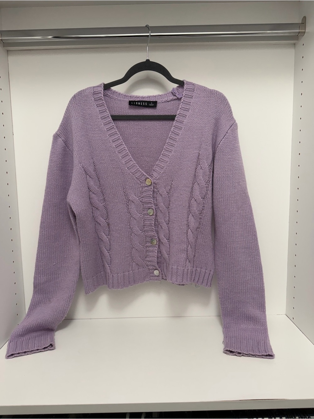 Lioness Lilac Cable-Knit V-Neck Cardigan Sweater